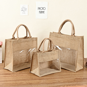 Hot Selling Custom Printed Logo Jute <strong>Bag</strong> With PVC Window Eco Friendly <strong>Hemp</strong> Shopping Transparent Gift Burlap Tote <strong>Bags</strong> For Wine - Product Image 1