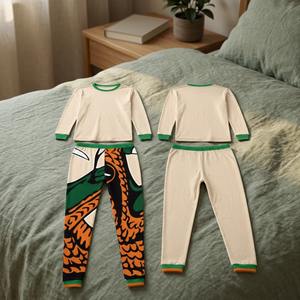 <b>Men's</b> Long Sleeve Crew Neck <b>Pajama</b> <b>Set</b> Beige Green Trim Orange Dragon Print Elastic Waist Casual Sleepwear - Product Image 4