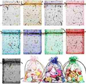 Sacs en organza transparent à cordon avec des étoiles et la lune, sacs à bijoux, sacs cadeaux, pochettes en organza avec des étoiles dorées pour les fêtes de mariage - Product Image 5