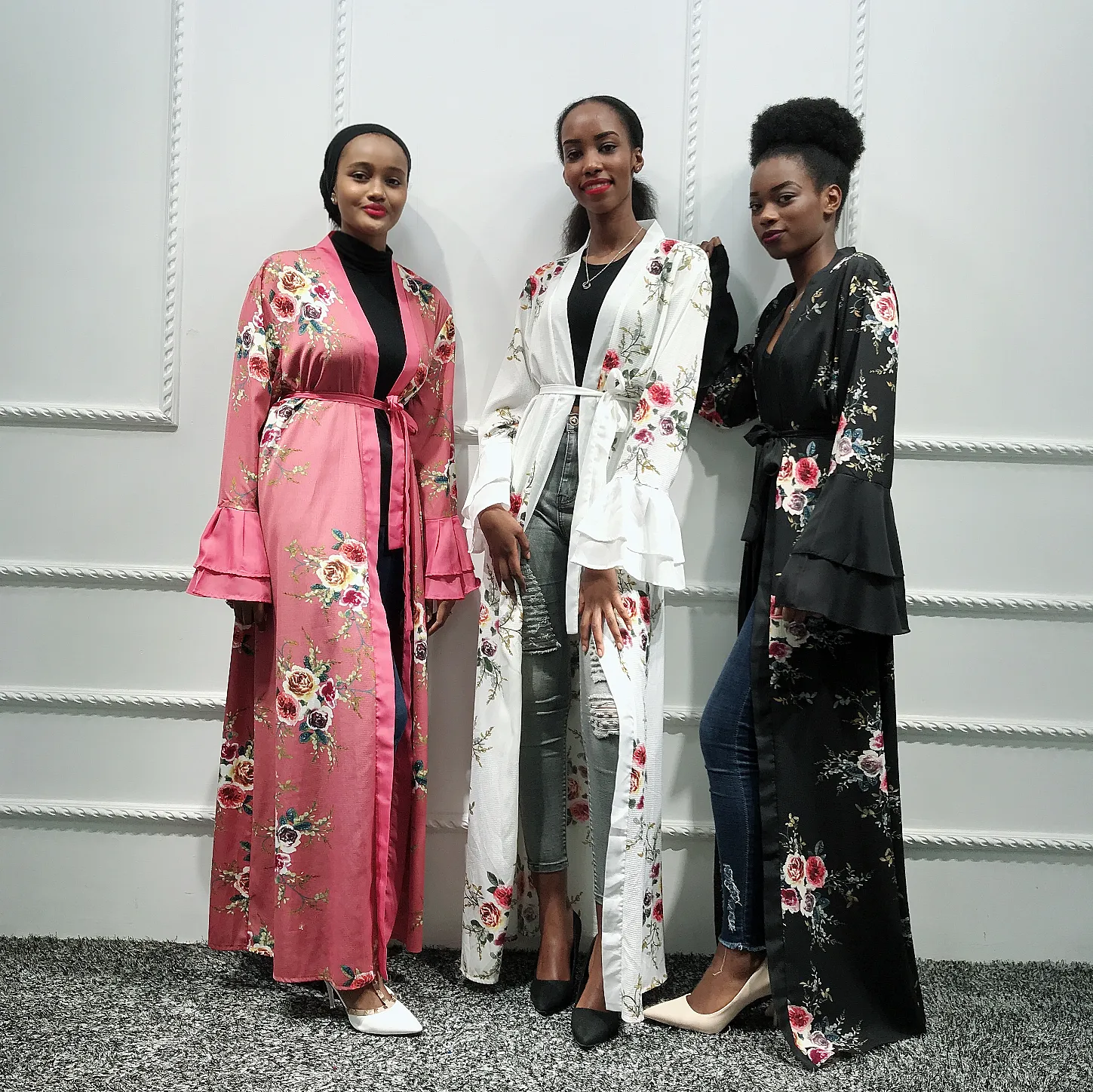 2019 Gaun Wanita Hitam Berat Sifon Dubai Islami Gaun Abaya dengan Motif Bunga Mewah