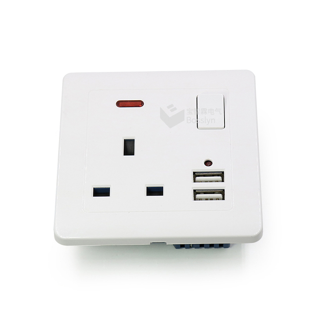 BS1363 HongKong/UK/British 3 Pin Wall Socket Outlet and Double USB Plug with 1 Gang Electric Wall Switch USB Power Socket