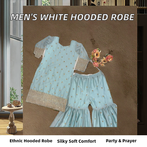 Vêtements indiens pour hommes, robe à capuche en soie Salwar Kameez, caftan, cape pakistanaise, jubba musulmane, chemise longue islamique de Dubaï, blanche, pour les fêtes - Product Image 2