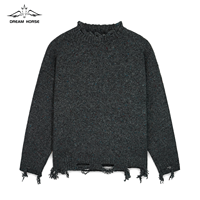 AiNear Vente en gros de logo personnalisé Oem & Odm Pull-over en tricot de coton à manches longues et col rond surdimensionné déchiré noir pour hommes