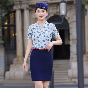 Summer Women's Short Sleeve Shirt Blue Floral Print Slim Fit No-Wrinkle Polyester Airline Uniform Workwear - Product Image 1