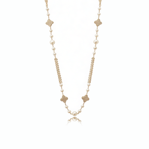 قلادة طويلة راقية للفتيات مطلية بالذهب عيار 14 قيراط بتصميم البرسيم مع لؤلؤ طبيعي باروكي - Product Image 1