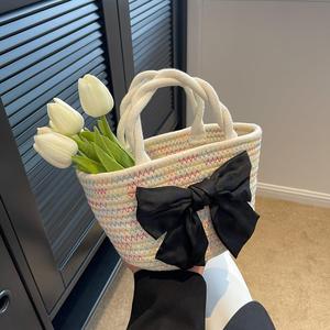 <b>Straw</b> Woven Bucket <b>Bag</b> Women Colored Lines Off White Stylish Everyday Use Spring 2025 - Product Image 1