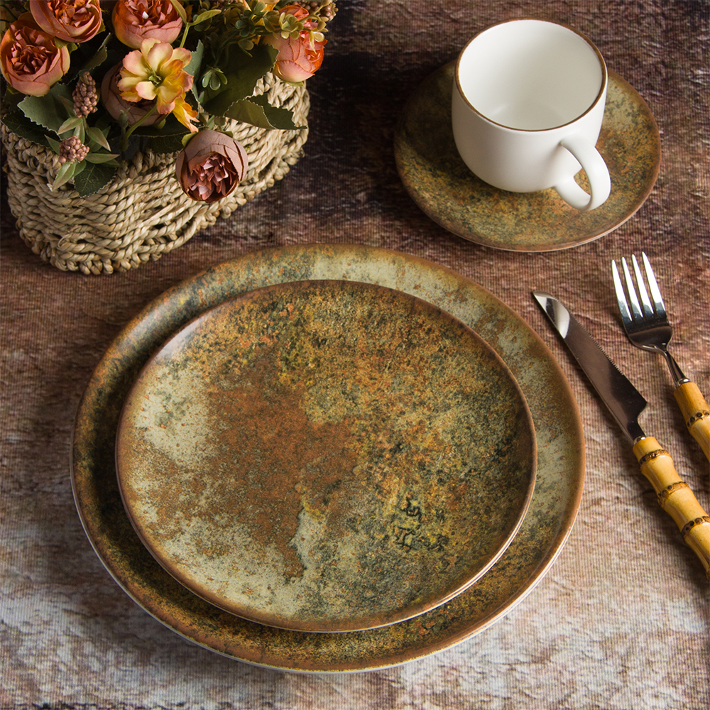 Country Style Ceramic Tableware Set Vintage Bronze Color Crockery Dinner  Plates Set Dinnerware Nature Porcelain Dinnerware Sets