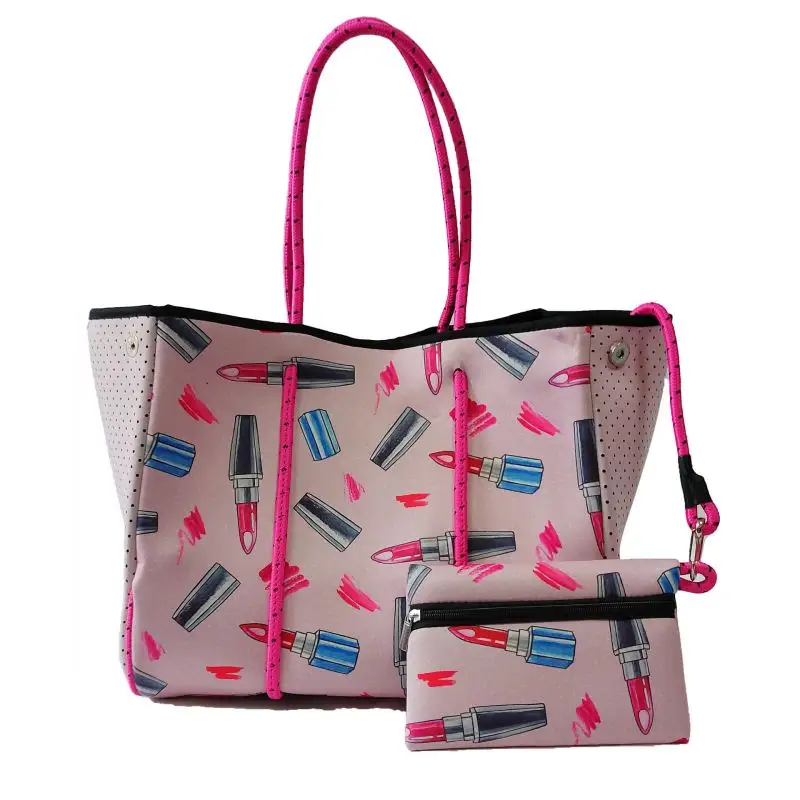 बड़ी क्षमता वाला हल्का शॉपिंग स्टोरेज बीच हैंडबैग नियोप्रीन टोट बैग क्लच पर्स के साथ