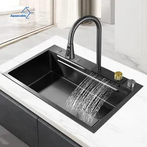 Nano Step Modern Style Smart Black Kitchen Sinks Stainless Steel Waterfall Faucet Kitchen Sink With Cup Washer