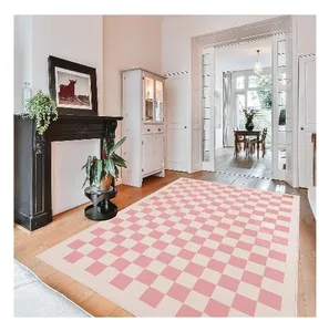 Simple Luxury Pink Checkerboard Plaid Pattern Carpet Eco-friendly Faux Fux Sheepskin Area Rug For Living Room Bedroom