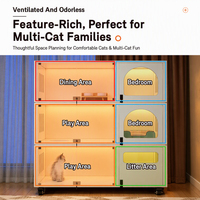 Grande Villa pour Chat Multi-Zones à Trois Niveaux avec Porte en Verre Trempé, Éclairage LED, Zones Repas, Nuit, Jeu et Litière, Roues Verrouillables