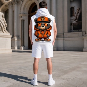 Completo Estivo da Uomo: Canotta con Cappuccio e Pantaloncini, Stampa Artistica Orso Cartoon Hip Hop Street per Ragazzi, Outfit Quotidiano da Strada - Product Image 6