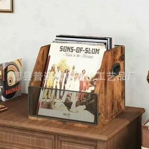Cesta de almacenamiento de discos de vinilo con combinación de hierro y madera, organizador de discos de vinilo, CD y álbumes para escritorio - Product Image 5