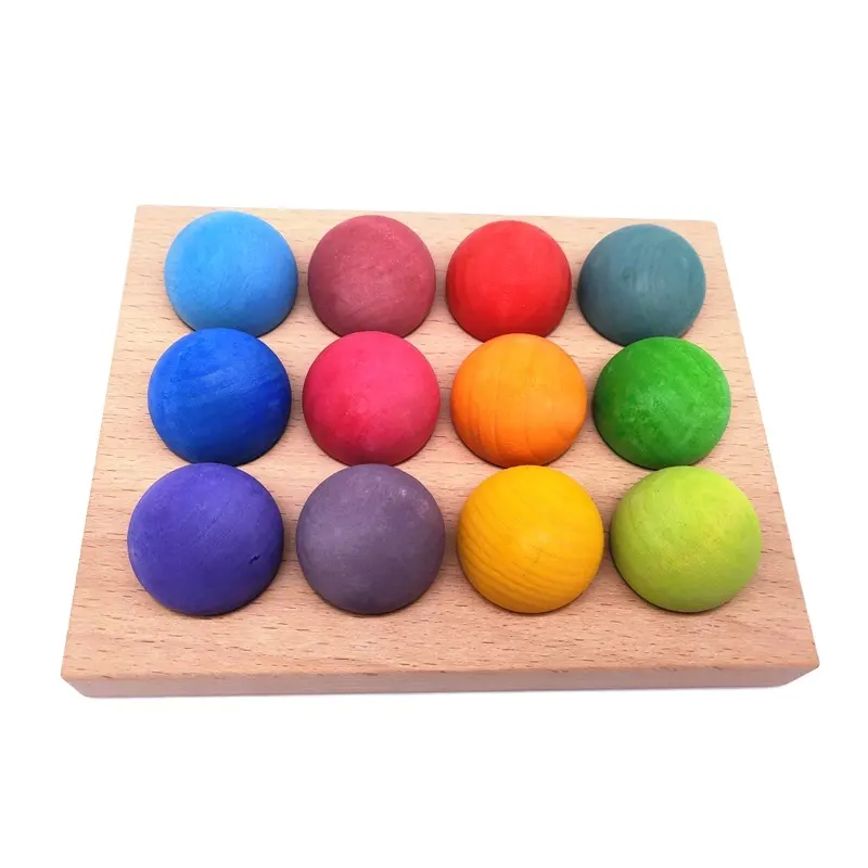 2022 Macaron Wooden Grimms Toys Kids Color Sorting Wood Balls Rainbow Pastel Sphere With Tray Juegos Montessori Teaching Aids