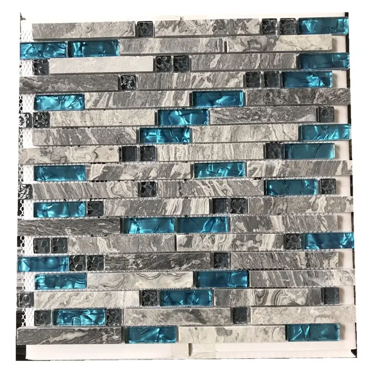 Mosaico di piastrelle in marmo grigio lucido e blu verde acqua bagno parete vetro misto