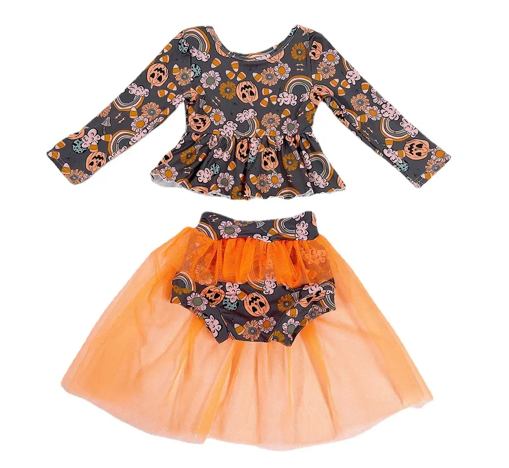 Conjunto de roupas infantis de halloween, roupas para bebês meninas, estampas de bombardeiro, saia de tule, 2 peças, roupas de halloween 2021