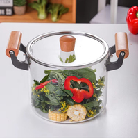 Olla de vidrio de borosilicato grueso para cocina, cacerola de vidrio con mango de madera