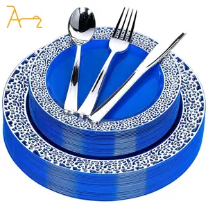 Elegante azul real plata desechable plástico postre ensalada Catering Premium plástico vajilla conjunto fiesta elegante boda platos