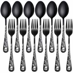Ensemble de fourchettes et cuillères en acier inoxydable en gros, motif crâne et rose, fourchette à salade, cuillère à dessert pour restaurants, hôtels, cadeaux, fêtes - Product Image 1