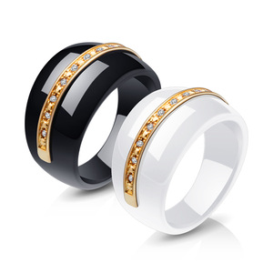 Ceramic Couple <b>Rings</b> 14MM White Black Gold Inlay Diamond <b>Set</b> Geometric Shape Engagement Jewelry for <b>Women</b> - Product Image 1