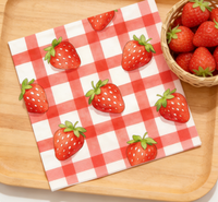 Serviettes de table jetables carrées imprimées fraises à carreaux gingham, style fête et pique-nique, biodégradables