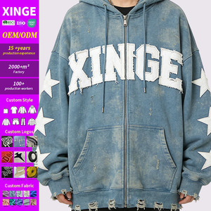 Sudadera con capucha personalizada con parche de estrella, estilo vintage, lavada y desgastada, con cremallera, para hombre, estilo urbano. - Product Image 1