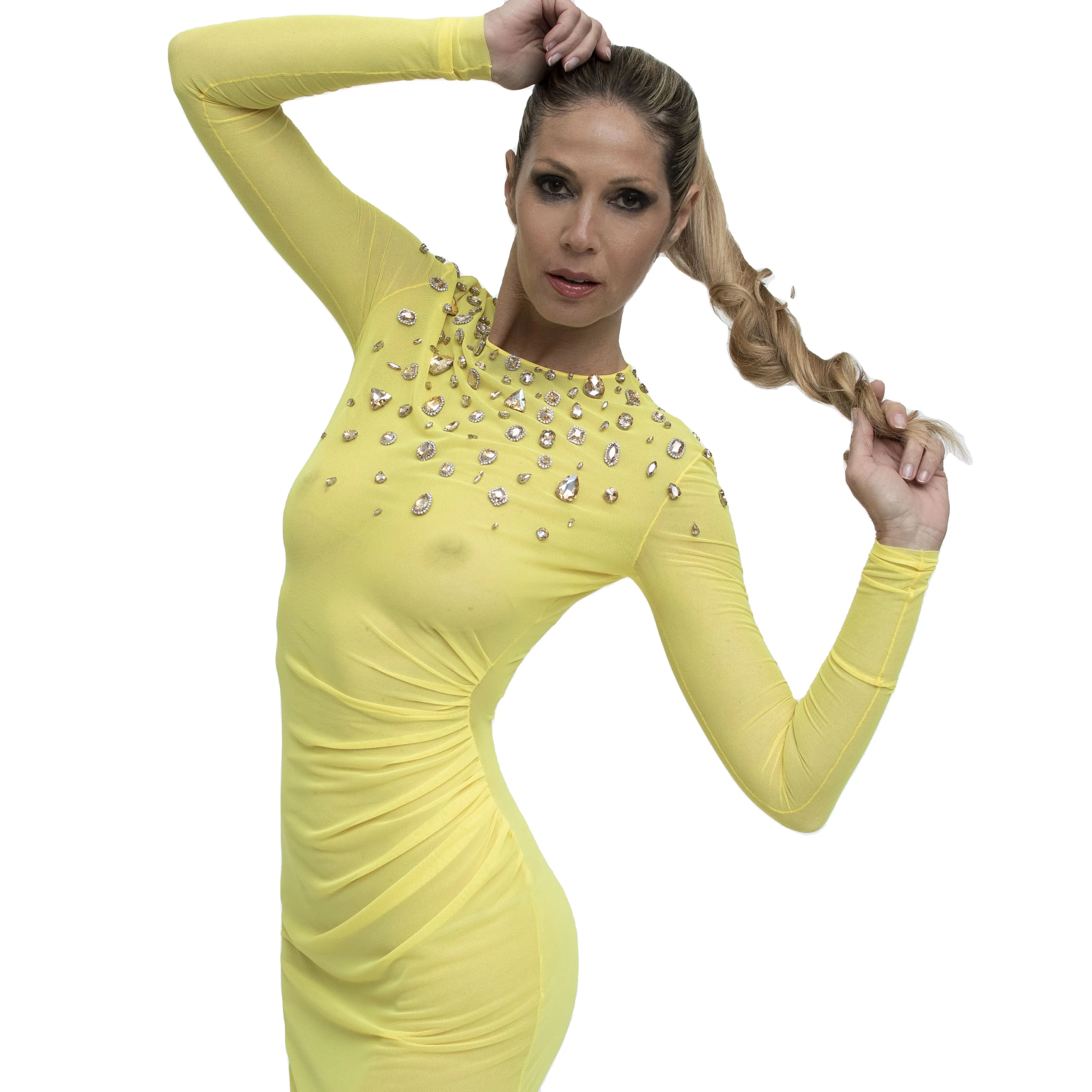 High Fashion Italian Handmade Yellow Fluo Long Sleeve Dress With Crystal Stones Embroidered And Draped On The Side Party Wear