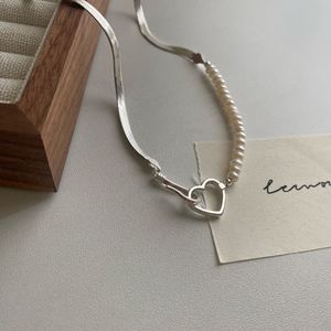 Collar de Clavícula de Plata de Ley S925 con Cadena de Espina de Serpiente y Perla en Forma de Corazón para Mujer, Uso Diario - Product Image 4