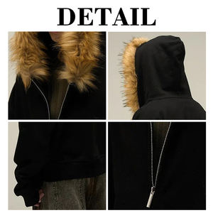 KingSen High-quality Men's Winter Fur Hooded Double Zip-Up Hoodie Worsted Fabric Cotton Terry Trim Oversized Breathable Design - Product Image 6