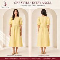 Pabrik Joydressing Gaun Midi Linen Wanita Kustom Polos Lengan Pendek Manset Ikat Pinggang Berkerut Gaun Kasual Musim Panas OEM ODM