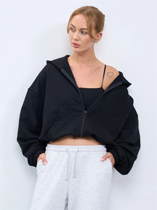 Manteau décontracté européen et américain pour femme, couleur unie, à capuche, en polaire, manches longues, veste courte zippée, cardigan, pull tricoté pour le <span class=keywords><strong>printemps</strong></span> - Product Image 2