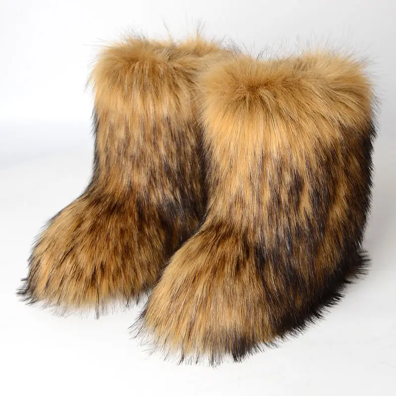 महिलाओं नई डिजाइन सर्दियों आलीशान नकली फॉक्स एक प्रकार का जानवर चमड़े के जूते आलीशान गर्म फैशन सर्दियों नकली फर बर्फ जूते