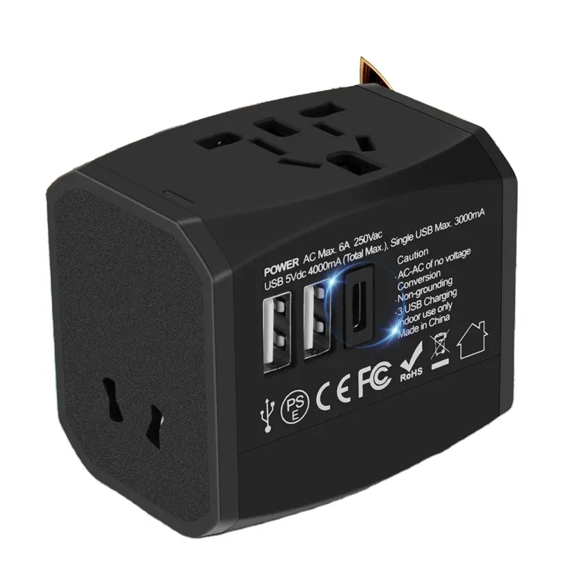 Universal Travel Adapter with 2 USB and Type C Bulk 5V 4A AC to DC Smart Power Socket Wall Charger Power Adapter