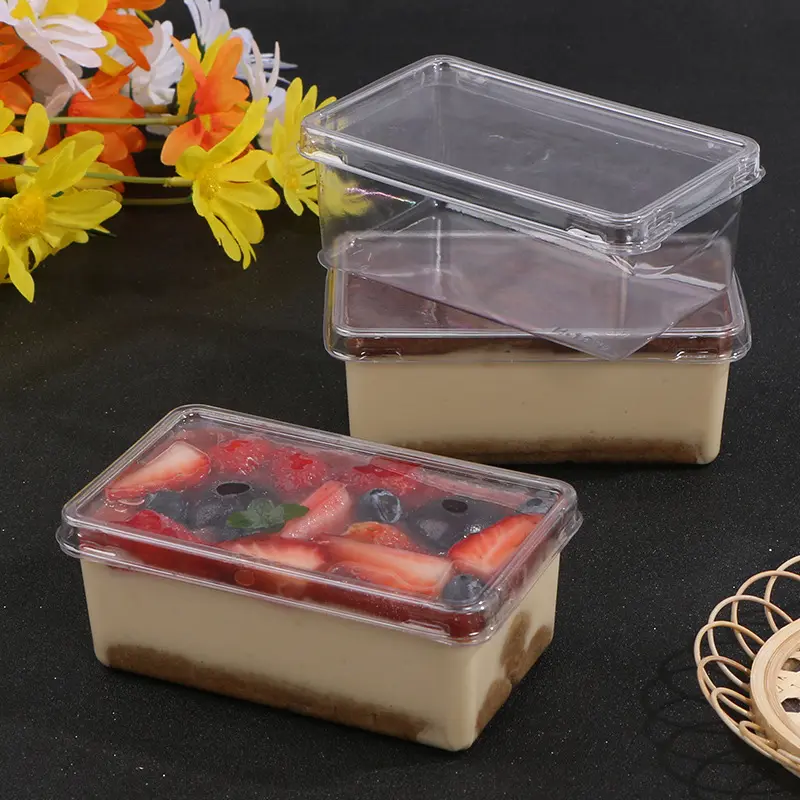 Hình chữ nhật Tiramisu hộp với nắp Pastry an toàn thực phẩm Mousse ngàn lớp bánh đóng gói hộp trong suốt Pet nhựa OEM XL PVA