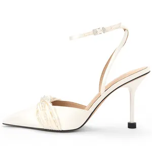 Factory Fashion White Ankle Strap Sexy Pointed Toe Versatile Pearl Band Stiletto Mid Heel Women Sandals