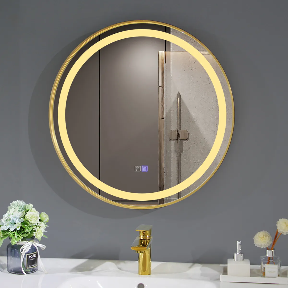Cermin Kamar Mandi Bulat LED Anti-kabut Pengaturan 3 Lampu Pintar-Cermin Rias Vanity Bercahaya 24/32/40 Inci untuk Dinding