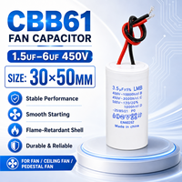 Condensateur de démarrage de moteur compact CBB61 1,5μF -- 6μF 450VAC (30x50mm) pour ventilateurs, ventilateurs de plafond, ventilateurs sur pied et petits moteurs