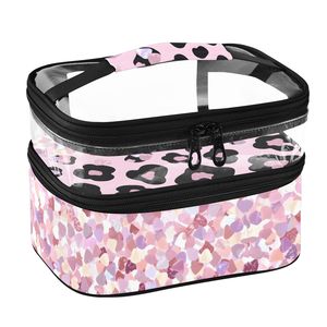 Estuche Cosmético con Estampado de Leopardo Rosa, Cierre de Cremallera con Diseño de Lentejuelas, Asa Suave, Capacidad Media, PVC, Bolsa de Maquillaje de Doble Capa - Product Image 1