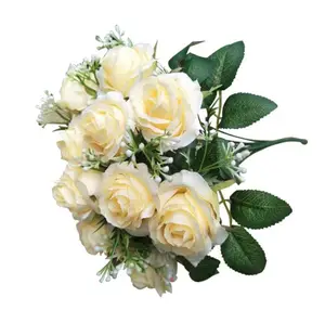 QSLH-V90 Artificial Red Rose Bunch 12 Heads Rose Bouquet Arrangement Wedding Decorative Faux Rose Bouquet For Sale