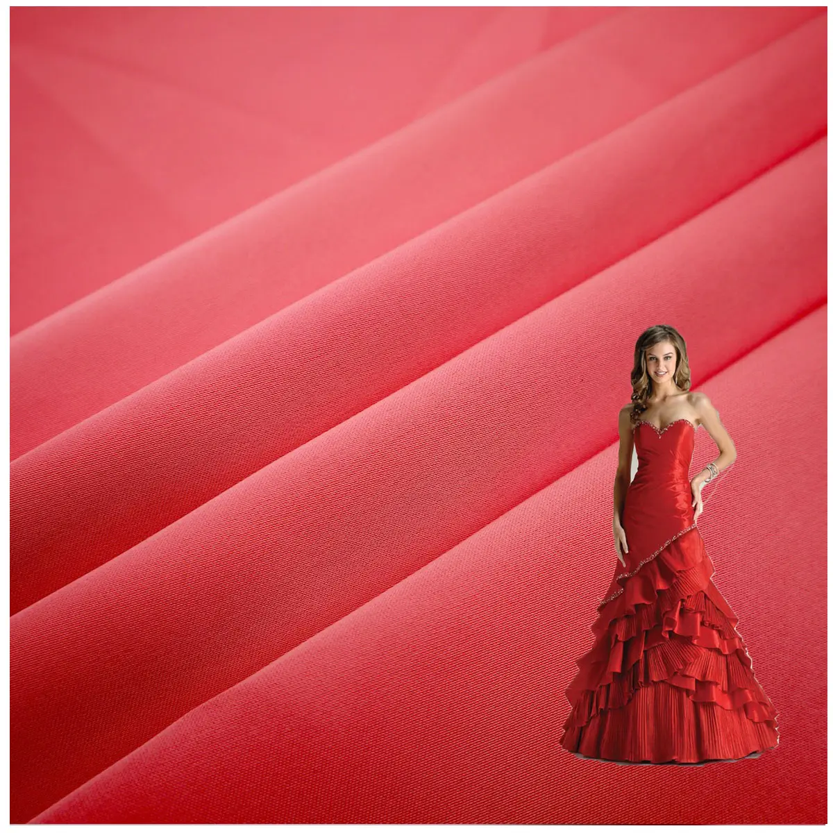 Tela de satén de poliéster reciclado de lujo Estiramiento de doble cara Vestido de novia rojo Vestido de baile Tela manchada