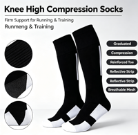 Chaussettes de compression montantes noires et blanches avec bande réfléchissante, maille renforcée aux orteils, améliorent la circulation sanguine, chaussettes de sport