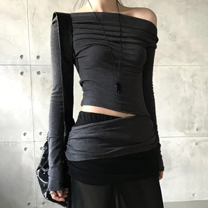 Elegante Top sin Mangas con Hombros Descubiertos y Manga Larga con Detalle Recortado - Ajuste Delgado - Impresión Digital Comprimida - Color Sólido - Camiseta Básica - Product Image 5