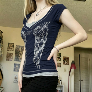 Wing Print Double Layer Patchwork Tight U Neck Crop Tee Contrast Trim Y2K Subculture Vintage <b>Distressed</b> Short Sleeve <b>Top</b> - Product Image 5