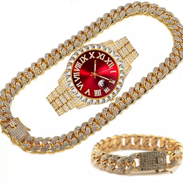 3Pcs/set Men's Fashion Diamond Band Calendar Steel Band Quartz Watch Diamond Hip Hop Bracelet Necklace Set