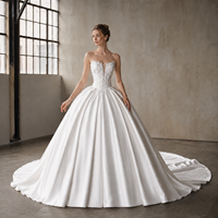 Robe de mariée de bal, style princesse, avec corset cœur, dentelle, perles, satin Mikado, traîne cathédrale, grande taille, sur mesure