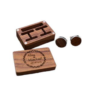 Gemelos redondos de madera de nogal rústico con logotipo gratis, juego de Clips de corbata para hombres, caja organizadora de madera grabada, regalo del Día del Padre - Product Image 1