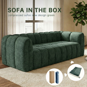 Sofá Seccional Moderno Verde Bouclé con Mechones, Comprimido en Caja, Tres Plazas, Mueble de Sala con Brazos Acolchados - Product Image 1