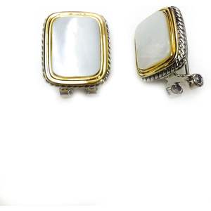 Boucles d'oreilles à clip françaises plaquées rhodium avec nacre de forme rectangulaire, bijoux à clip tendance - Product Image 3