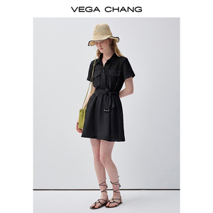 VEGA CHANG <span class=keywords><strong>Abito</strong></span> Camicia Nero Stile Utility per Donne con Colletto, Bottoni, Maniche Corte, Cintura in Vita e Silhouette a Linea A - Product Image 3