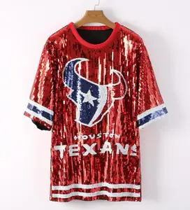 Harga grosir kaus sepak bola besar untuk wanita koboi anak laki-laki payet Kansas City Chief baju kaus panjang